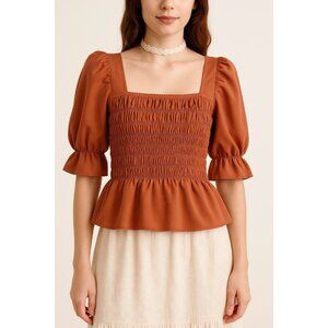 En Creme Women’s Medium Terracotta Smocked Top Coquette Cottagecore Prairie Boho